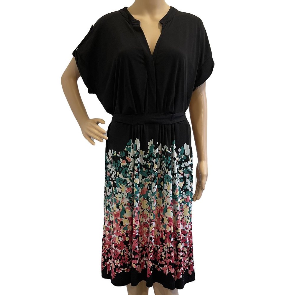 GAP size XXL stretch knit floral belted dress black
